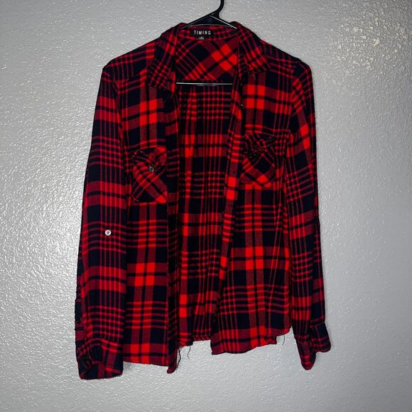 Timing Women’s Red & Black Plaid Button-Up Shirt Size Small – Long Sleeve Flanne - Picture 1 of 3